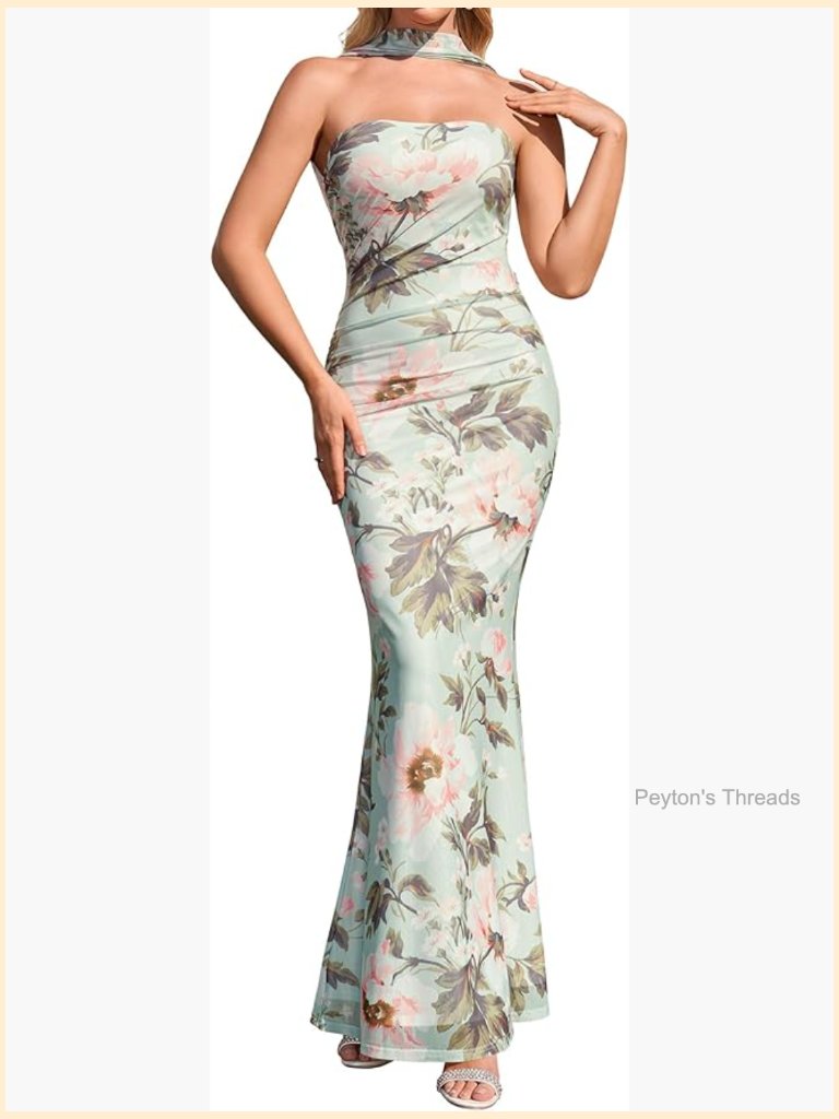 Halter Neck Bodycon Maxi Dress With Ruched Mesh Detail For Cocktail Party